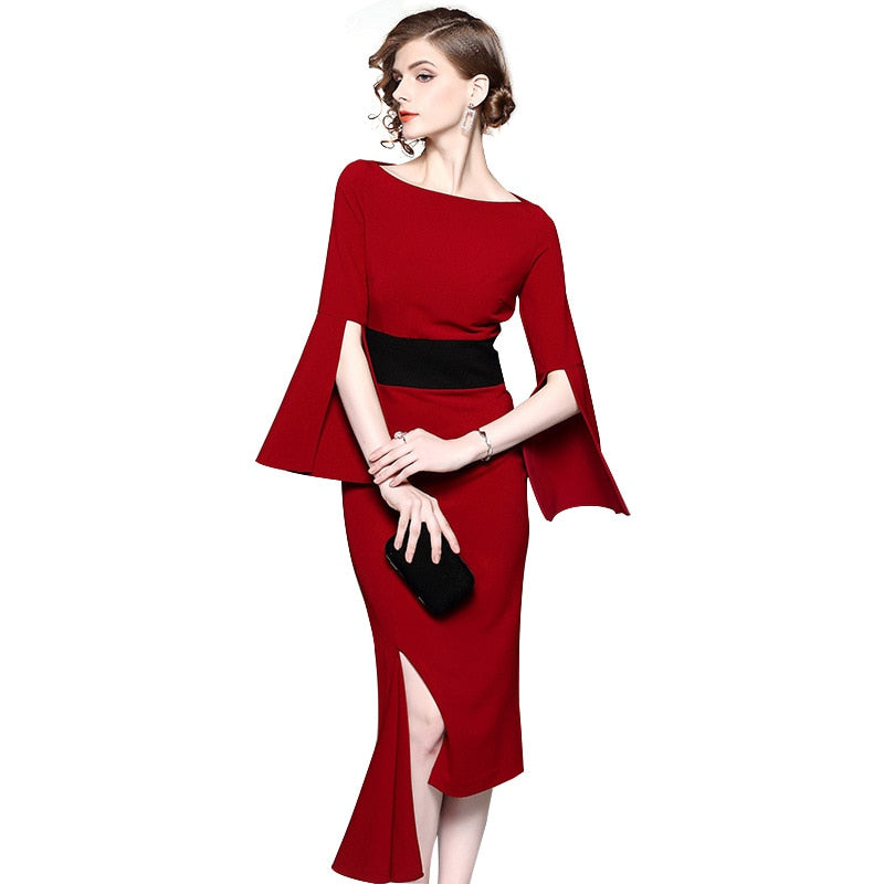 New irregular waist-tightening dress, red medium-length dress and dress for banquet dress in 2019 - kmtell.com