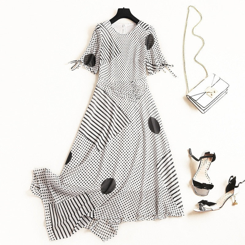 dot long dresses 2019 new summer irregular diagonal O-neck casual Dress wave point chiffon dress - kmtell.com