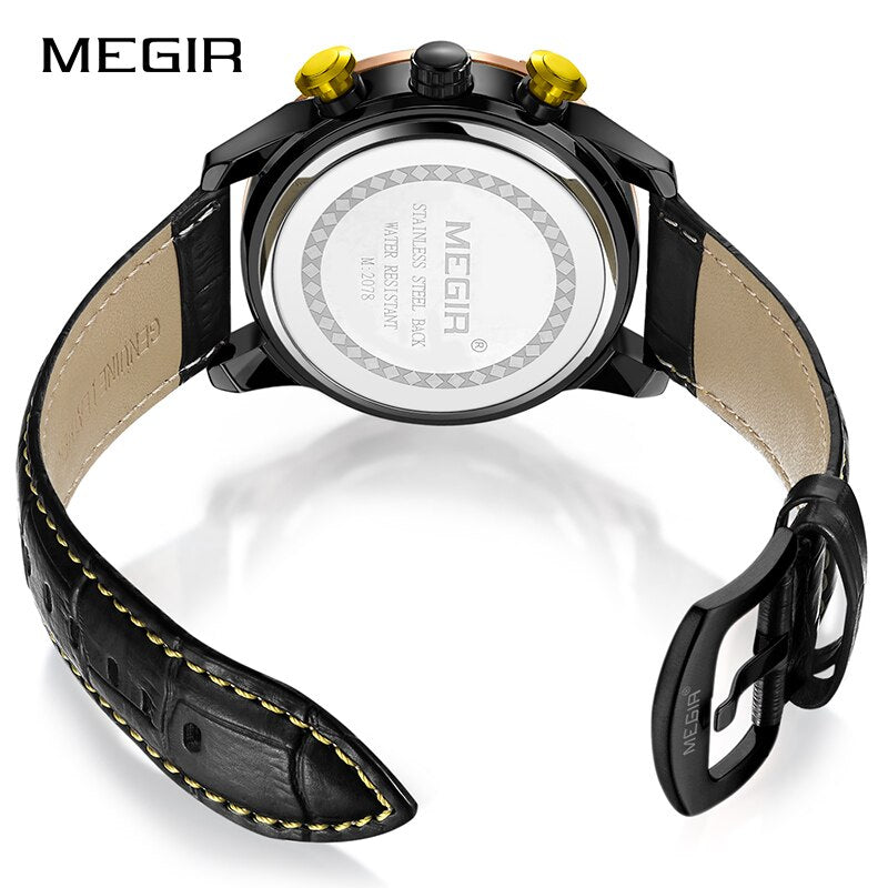 MEGIR Men&#39;s Genuine Leather Quartz Sports Watches Top Brand Luxury Military Stop Watch Waterproof Wrist Watch Relogio Masculino - kmtell.com