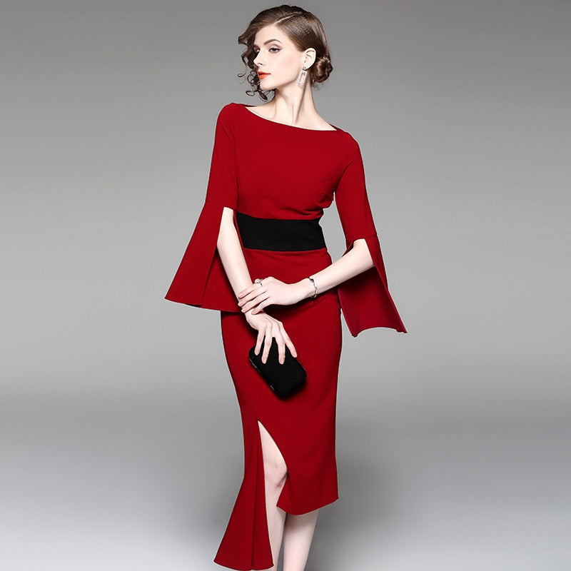 New irregular waist-tightening dress, red medium-length dress and dress for banquet dress in 2019 - kmtell.com