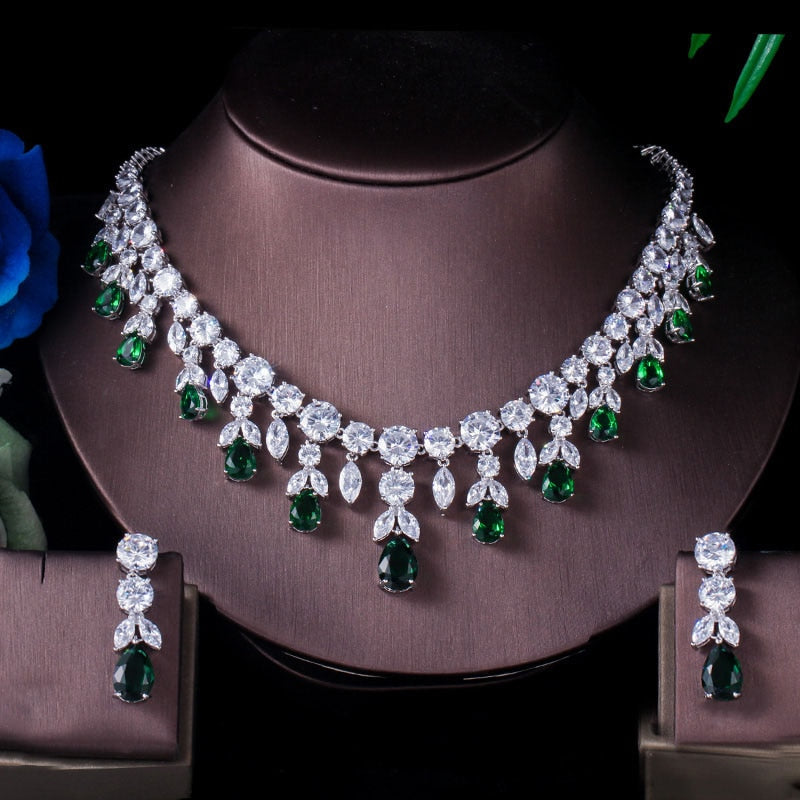 ThreeGraces Luxury Green CZ Stone Earrings Necklace Set Brilliant Big Long Drop Wedding Bridal Dress Jewelry Set for Women JS256 - kmtell.com