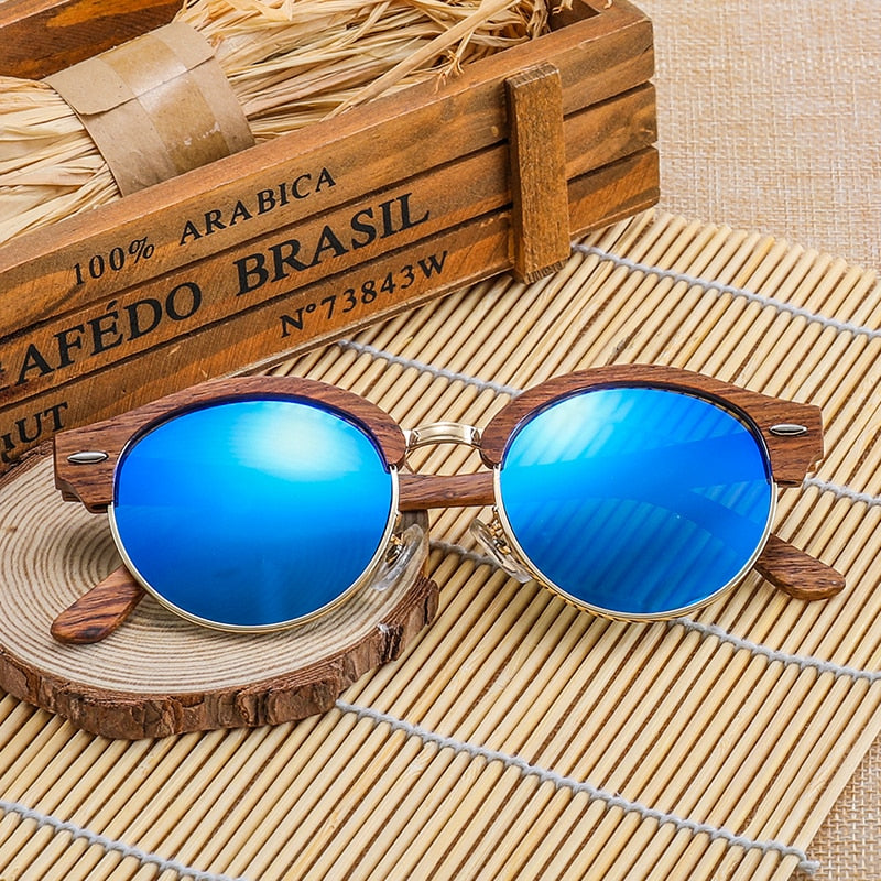 Retro Round Wood Sunglasses for Men Women Brand Design Polarized UV400 Semi-Rimless Womens Sun glasses - kmtell.com