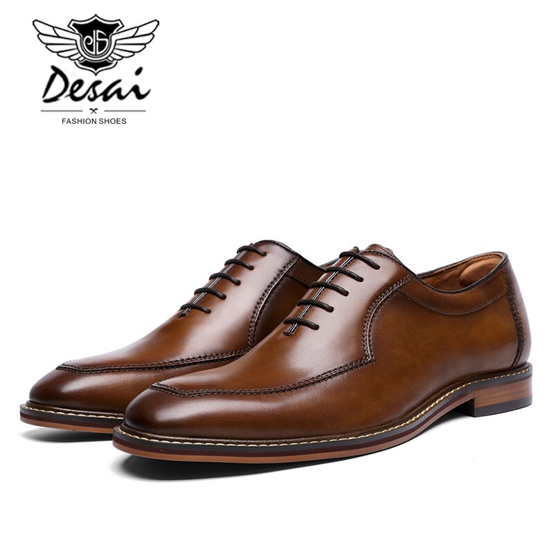 DESAI Hot Genuine Leather Shoes Men Wedding Office Dress Shoes Brown Patina Handmade Lace-Up Shoes Business Oxford Footwear - kmtell.com