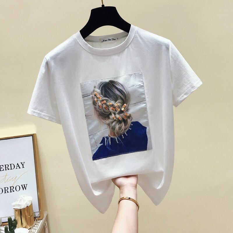 gkfnmt Korea Style Fashion T-shirt Women Tops Cotton Short Sleeve Appliques White Tshirt Women Summer Top Black Tee Shirt 2021 - kmtell.com