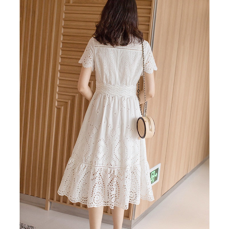 2019 new spring high-end French niche temperament ladies V-neck short-sleeved dress in the long section - kmtell.com