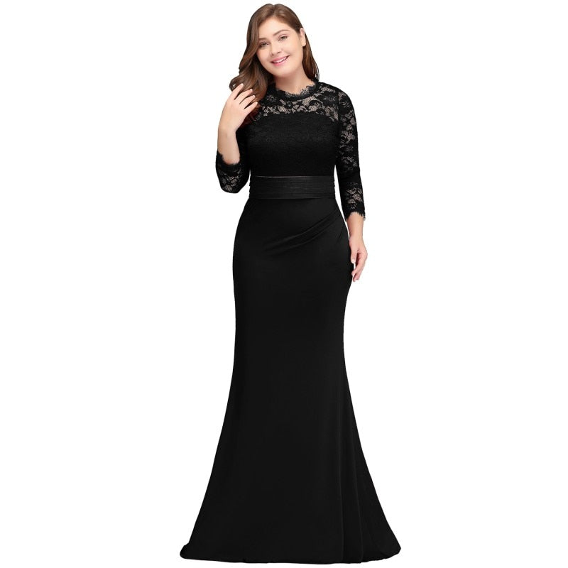 Navy Plus Size Long Mother Of The Bride Dresses Mermaid Scoop Neck 3/4 Sleeve Wedding Party Gown - KMTELL