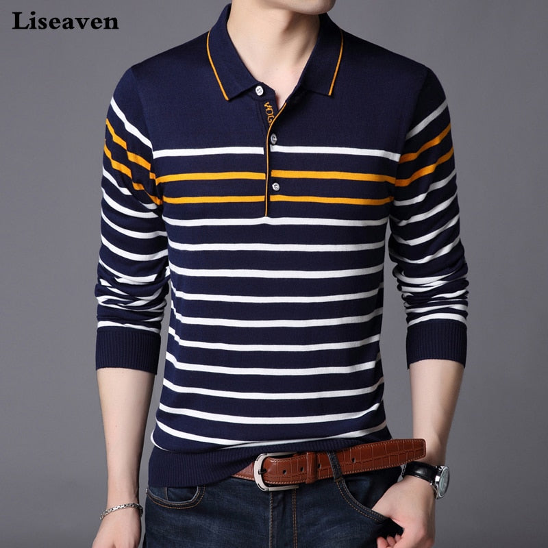 Liseaven Men Polo Shirt Long Sleeve Striped Polos Slim Fit Male Shirt Camisas Cotton Tees Tops - kmtell.com