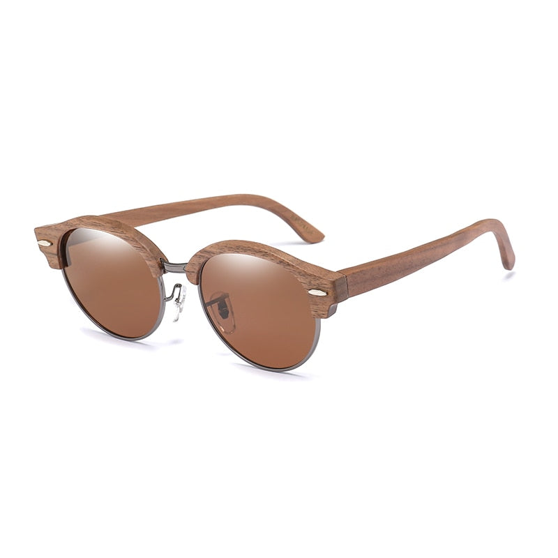 Retro Round Wood Sunglasses for Men Women Brand Design Polarized UV400 Semi-Rimless Womens Sun glasses - kmtell.com