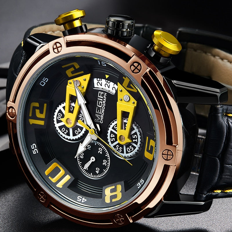 MEGIR Men&#39;s Genuine Leather Quartz Sports Watches Top Brand Luxury Military Stop Watch Waterproof Wrist Watch Relogio Masculino - kmtell.com