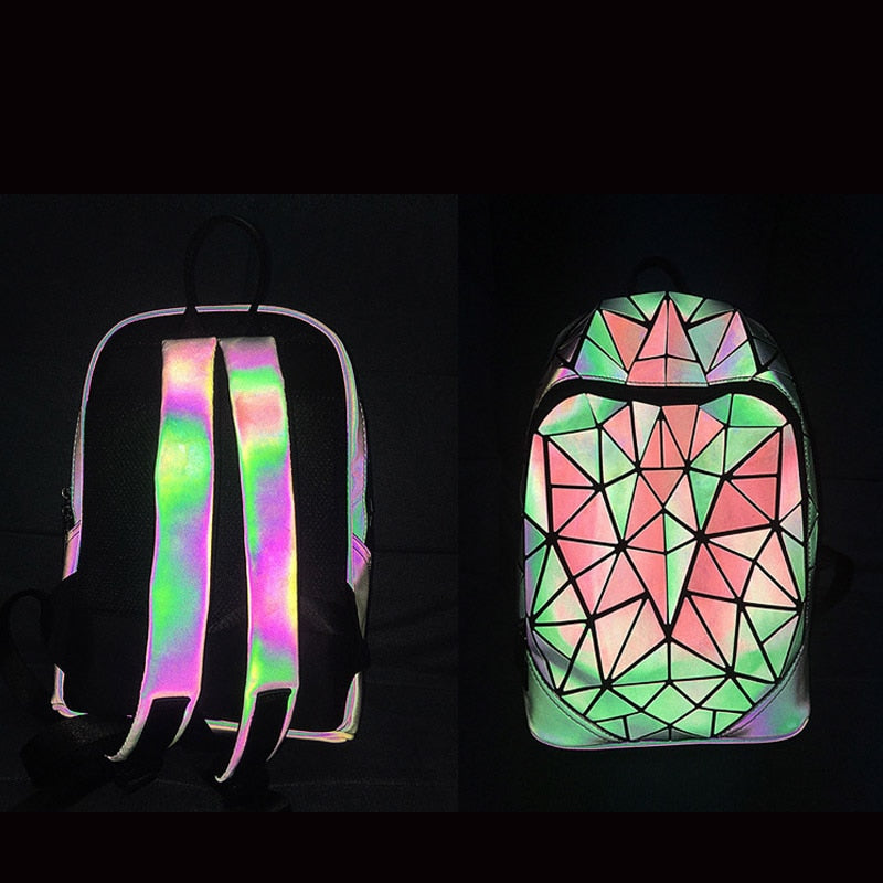 New Women Backpack Geometric Folding Bag Small Students School Bags For Teenage Girls Luminous Backpacks Hologram Daily Backpack - kmtell.com