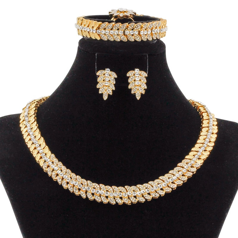 Liffly Fashion Dubai Gold Jewelry Sets Flower Shape Crystal Necklace Bracelet Ring Earring Bridal Wedding Jewelry Accessories - kmtell.com