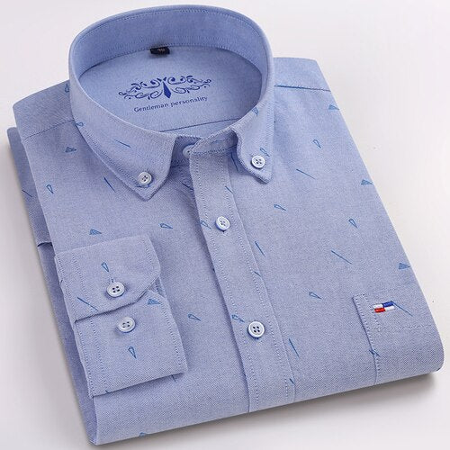 Men&#39;s Standard-fit Plaid Striped Oxford Cotton Shirts Patch Left Chest Pocket Smart Casual Button-down Dress Shirt - KMTELL