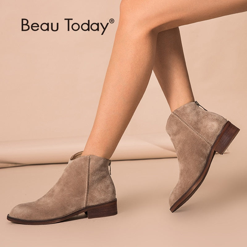 BeauToday Ankle Boots Women Top Quality Cow Suede Zip Autumn Fashion Lady Genuine Leather Shoes Flat Heel Handmade 03274 - kmtell.com