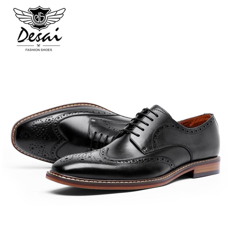 DESAI New Arrivals Men Business Dress Shoes Genuine Leather Brock Retro Gentleman Shoes Formal Carved Bullock Shoes Heightening - kmtell.com