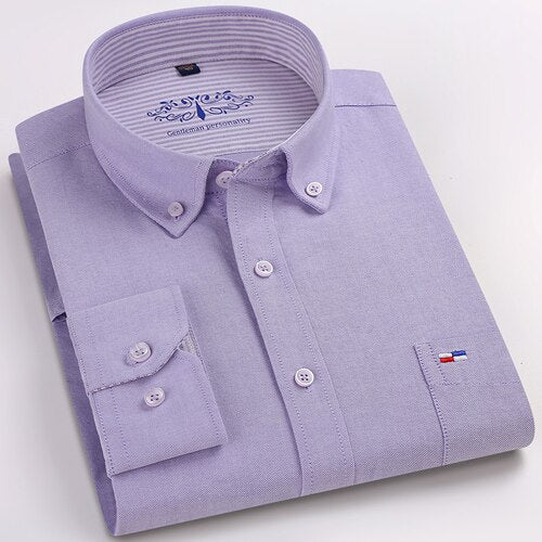 Men&#39;s Standard-fit Plaid Striped Oxford Cotton Shirts Patch Left Chest Pocket Smart Casual Button-down Dress Shirt - KMTELL