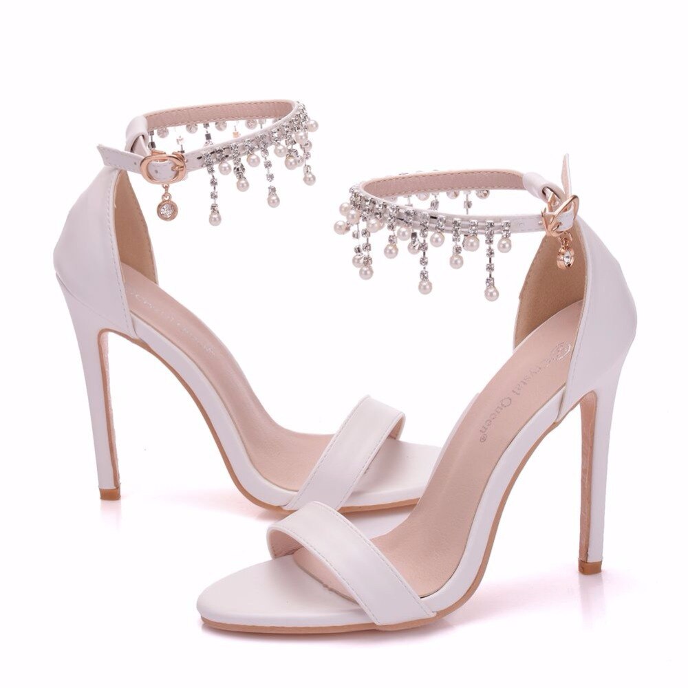 Crystal Queen Elegant Wedding Shoes For Women High Heel Sandals Pearls Tassel Chain Platform White Party - kmtell.com
