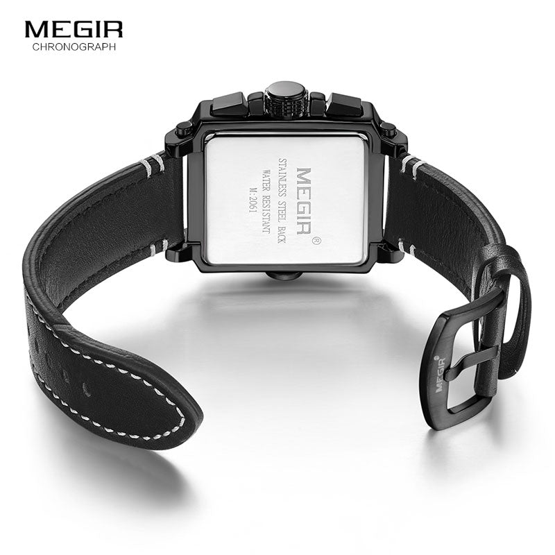 MEGIR Men&#39;s Sports Chronograph Wrist Watch for Men Army Leather Square Quartz Stop Watch Clock Man Relogios Masculino 2061Black - kmtell.com