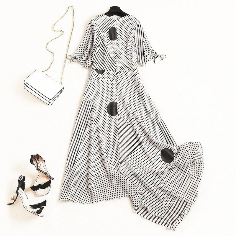dot long dresses 2019 new summer irregular diagonal O-neck casual Dress wave point chiffon dress - kmtell.com