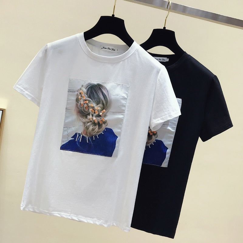 gkfnmt Korea Style Fashion T-shirt Women Tops Cotton Short Sleeve Appliques White Tshirt Women Summer Top Black Tee Shirt 2021 - kmtell.com