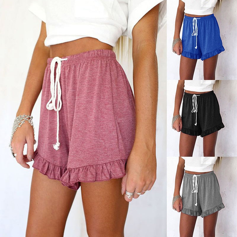 Fashion Ruffle Hem Belted Women Shorts Casual Loose Solid Shorts Cotton Linen Short Pants Women High Waist Summer - kmtell.com