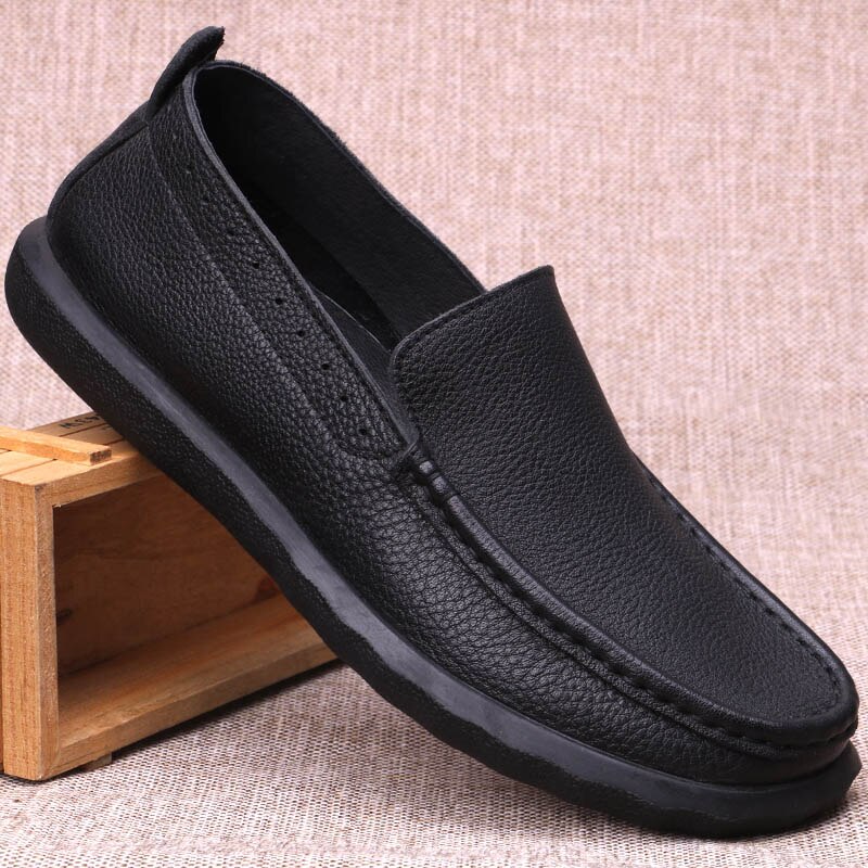 Desai New Breathable Genuine Leather Brown Casual SLIP-ON Business Shoes Men Driving Loafers Shoes Black - kmtell.com