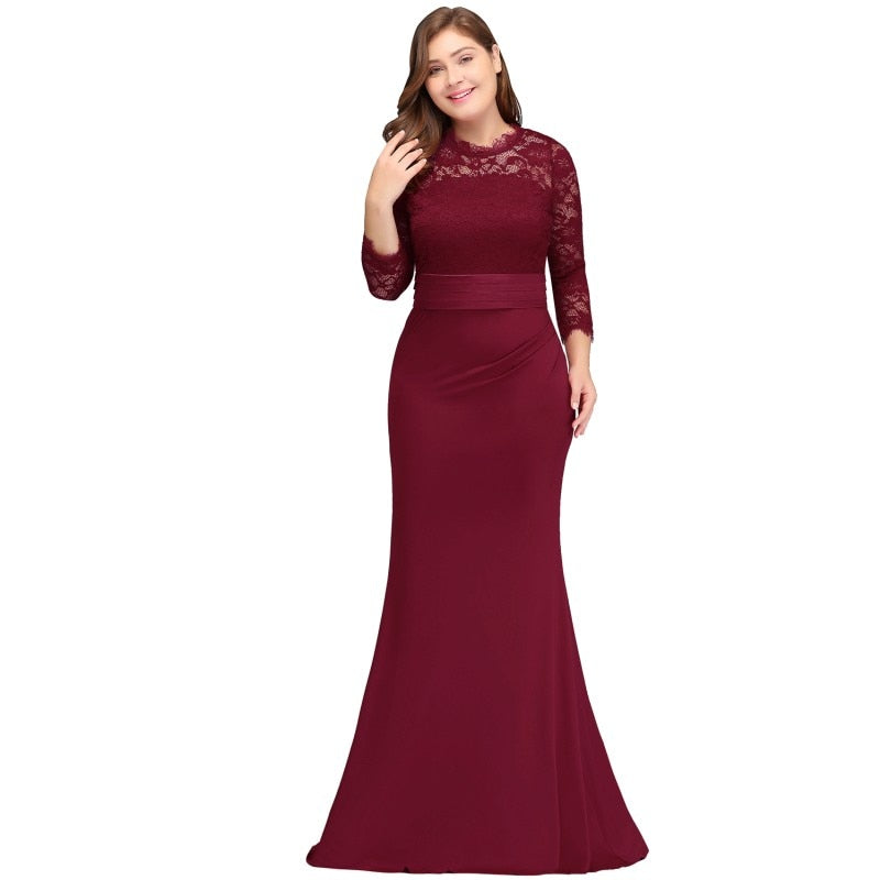 Navy Plus Size Long Mother Of The Bride Dresses Mermaid Scoop Neck 3/4 Sleeve Wedding Party Gown - KMTELL