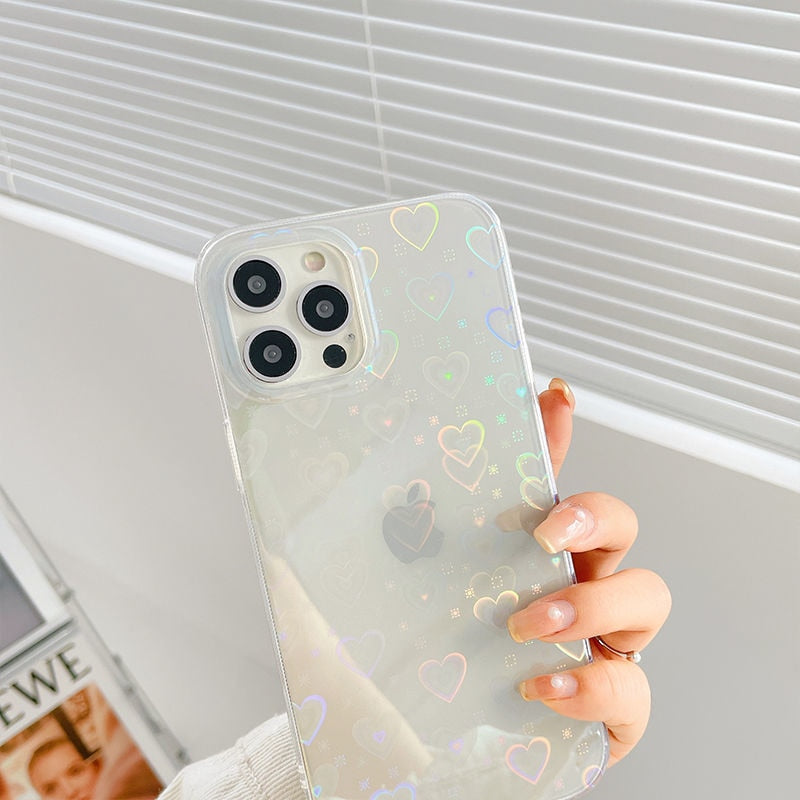 Fashion Gradient Laser Love Heart Pattern Clear Phone Case For iPhone 11 13 12 Pro Max X XS XR 7 8 Plus SE 2020 Shockproof Back - KMTELL