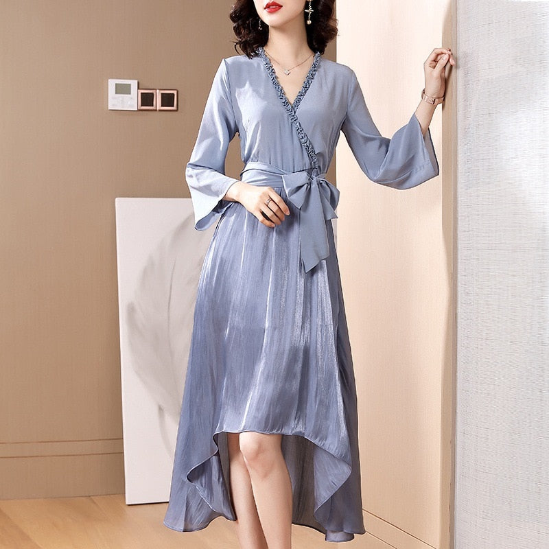 Spring and summer 2020 new women&#39;s fashion V-neck nine point sleeve irregular silk silk dress - kmtell.com