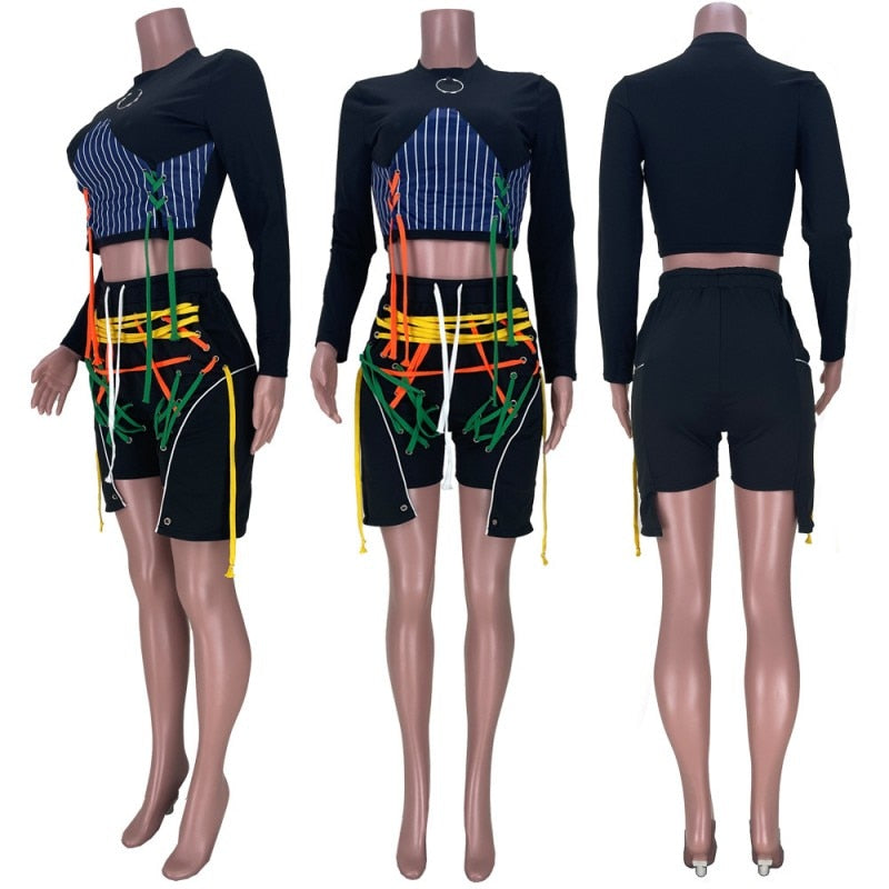 Sexy Patchwork Bandage Two Pieces Set Women O Neck Long Sleeve Top And Laced Up Shorts Suits Bodycon 2 Pieces Matching Outfits - kmtell.com