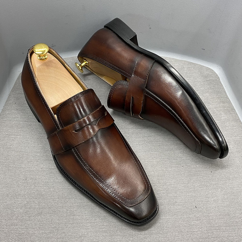 Size 6 To 13 Classic Mens Penny Loafers Genuine Cow Leather Dress Shoes Brown Handmade Slip on Italian Style Office Formal Shoes - kmtell.com