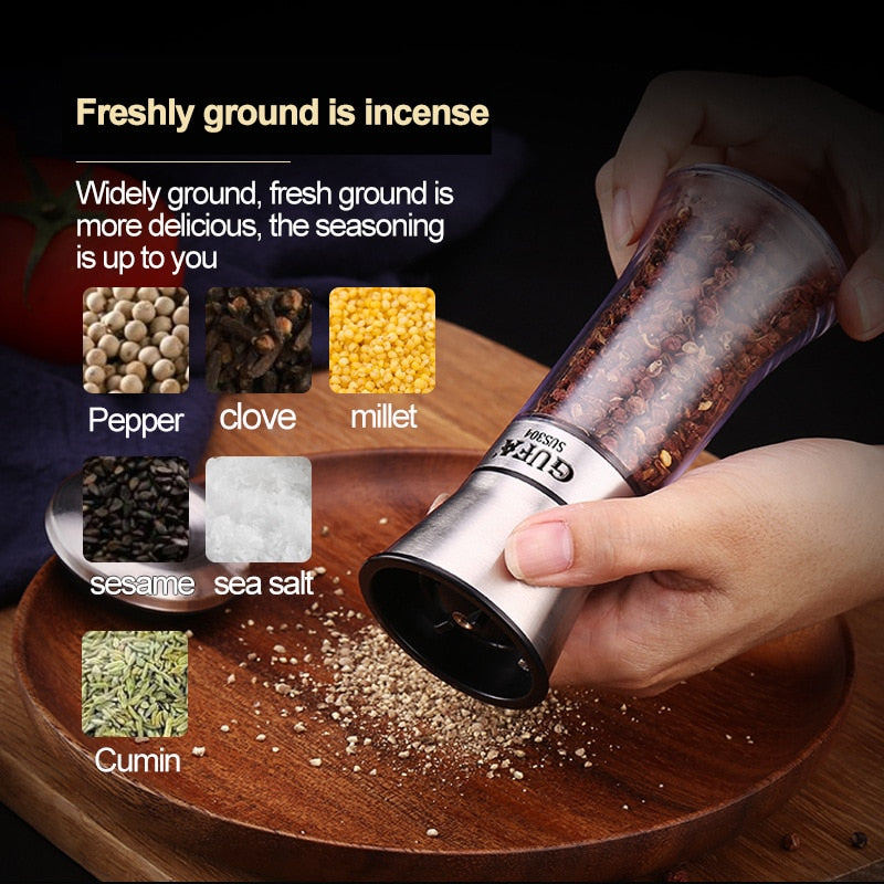 Salt and Pepper Grain Mill Shakers Stainless Steel Metal Food Grinder Pulverizer Spice Jar Condiment Container Kitchen Tools - kmtell.com