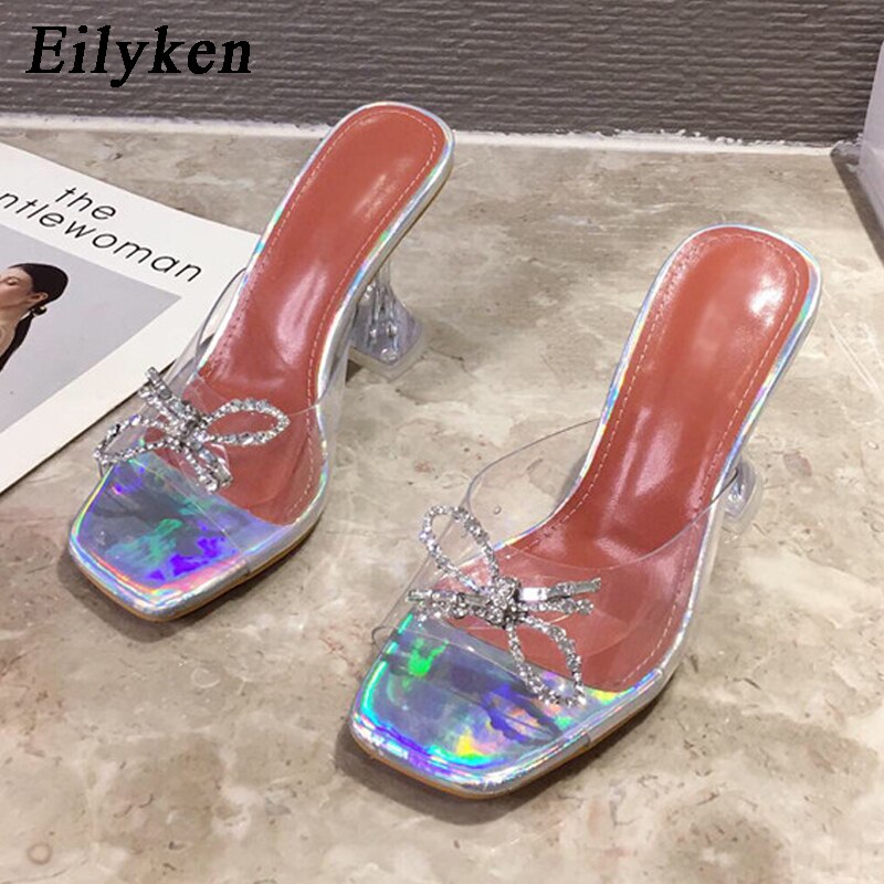 Eilyken 2023 Women Slippers Transparent High Heels Sexy Square toe Fashion Rhinestone Bowtie Wedding Party For Lady shoes - kmtell.com