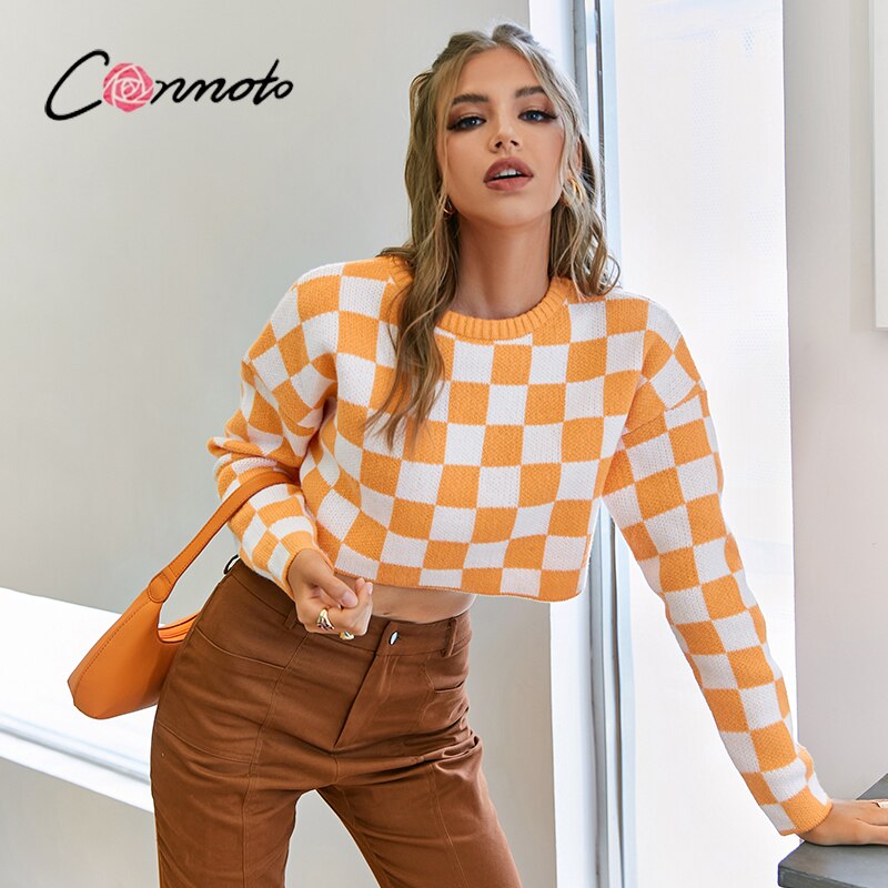 Conmoto Y2K Orange Checkerboard cropped top sweaters Winter girl sweet chic female autumn pullover jumper O neck sweater 2021new - KMTELL