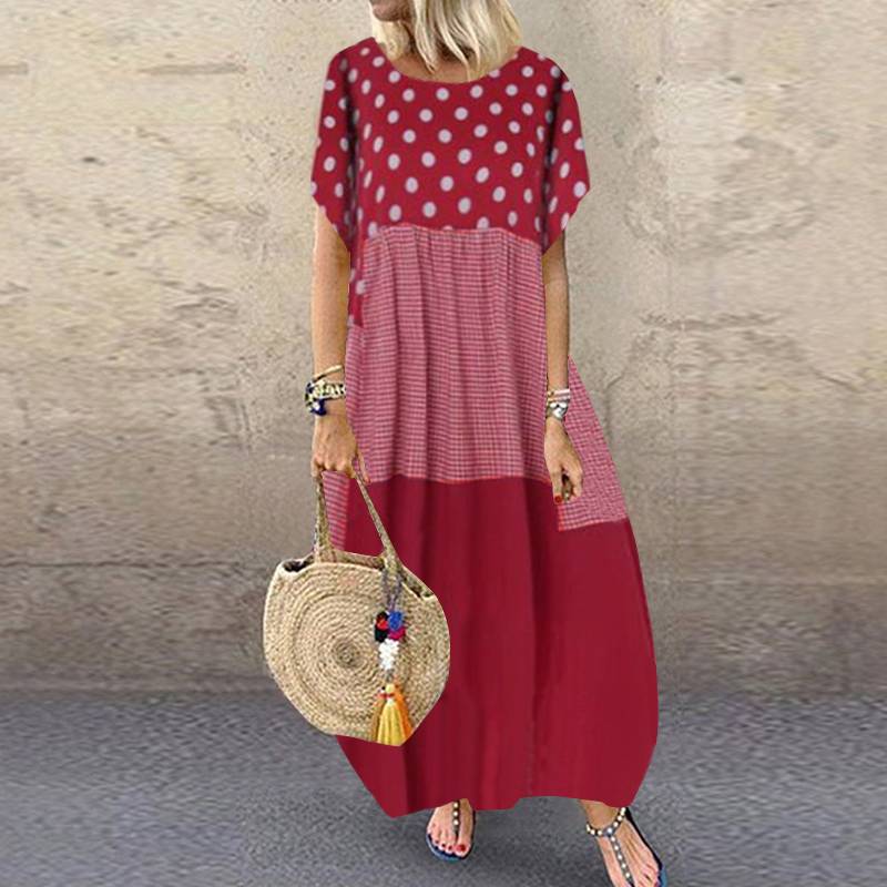ZANZEA Bohemian Polka Dot Printed Long Dress 2023 Women's Summer Sundress Casual Short Sleeve Plaid Party Vestido Robe - kmtell.com