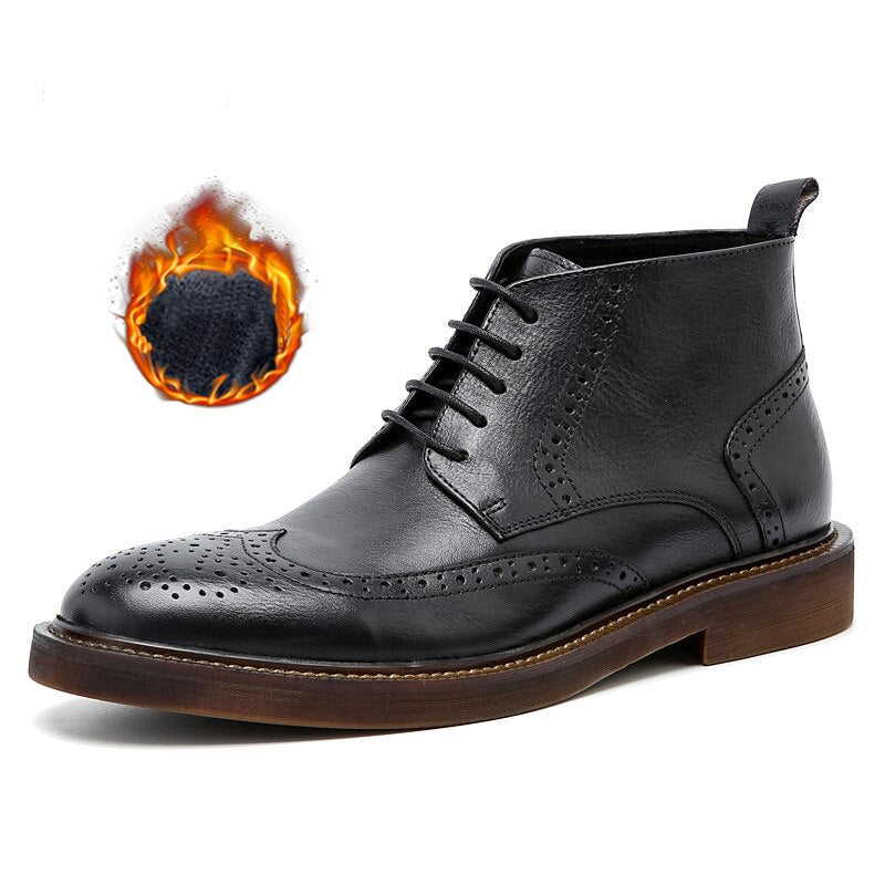 Men&#39;s Autumn Winter Plus Velvet Warm Carved Brogue Leather Shoes Street Cowhide Lace-Up Boots Male British Retro Tooling Boots - kmtell.com