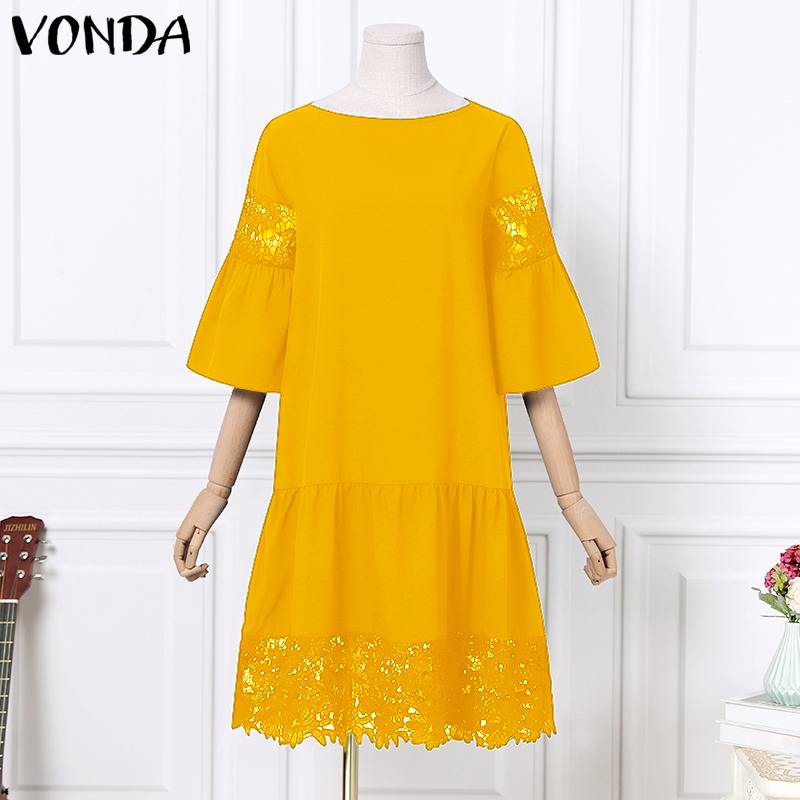 VONDA 2022 Women O Neck Flare Sleeve Plus Size Dresses Ladies Lace Pleated Vestidos Loose A-Lined Beach Sundress 5XL Short Robes - KMTELL
