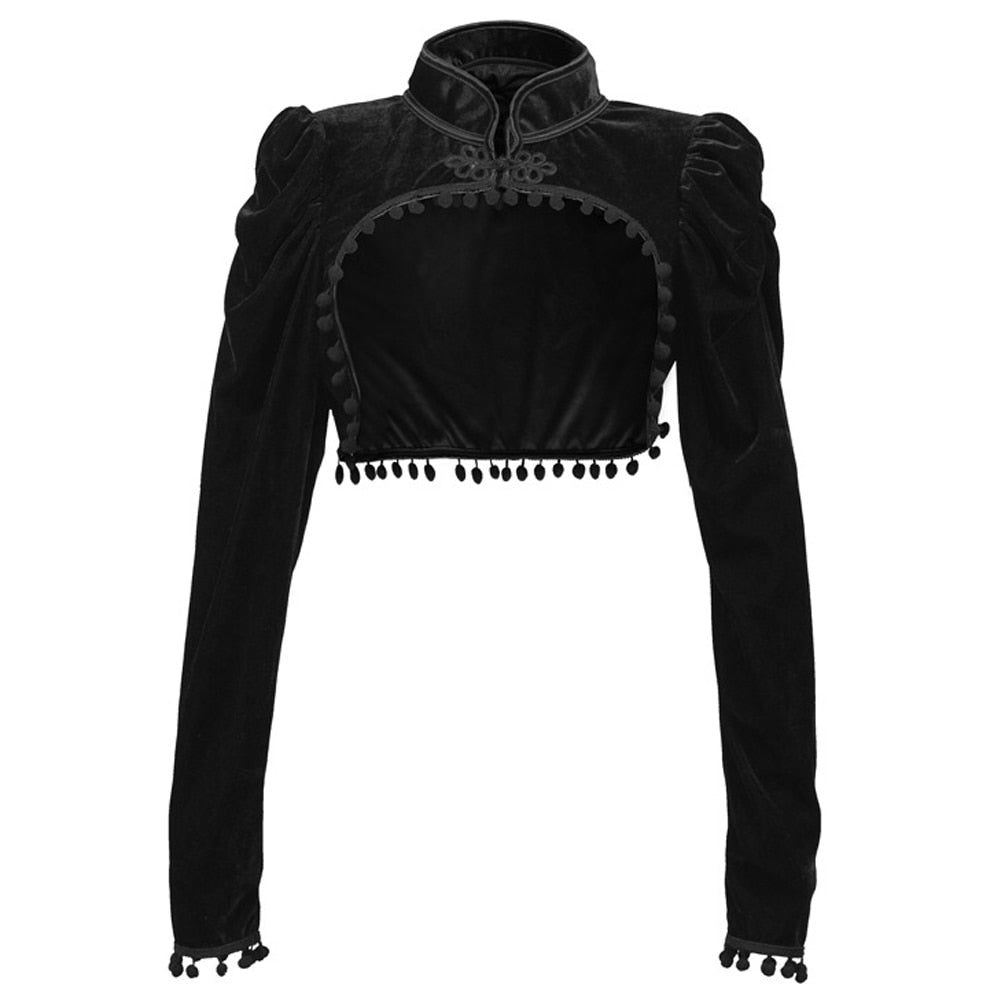 Black Velvet Short Steampunk Crop Jacket Stand Long Sleeve Autumn Women Gothic Bolero Victorian Coat Vintage Corset Accessories - kmtell.com