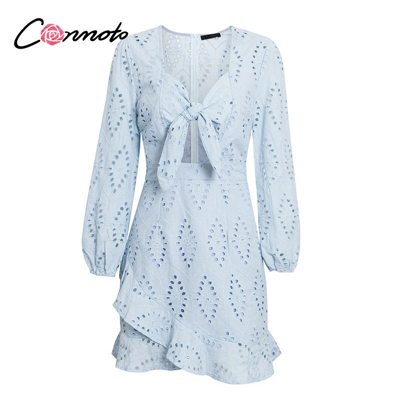 Conmoto White Embroidery Short Dress Women Sexy V Neck Hollow Out Cotton Winter Dress 2019 NEW Casual Holiday Lace up Vestidos - kmtell.com