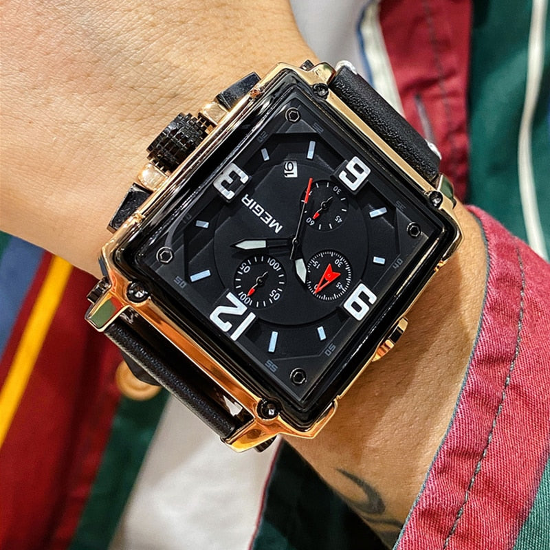Top Brand Luxury MEGIR Creative Men Watch Chronograph Quartz Watches Clock Men Leather Sport Army Military Wrist Watch Saat 2020 - kmtell.com