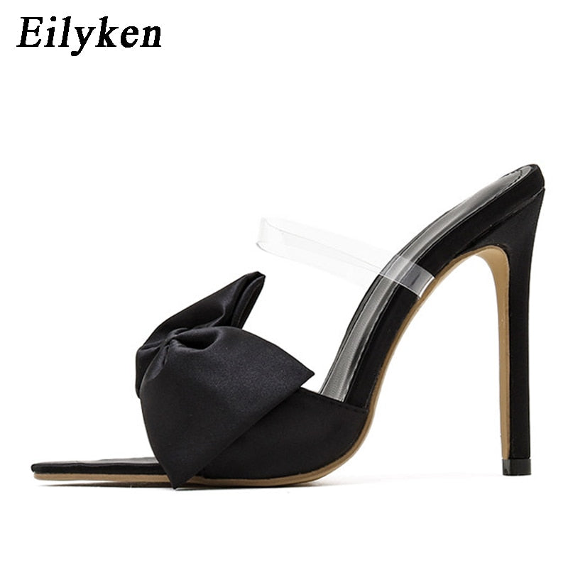 Eilyken Silk Butterfly-knot Women slippers Mule high heels Slippers Sandals flip flops Pointed toe Strappy Slides Party shoes - kmtell.com