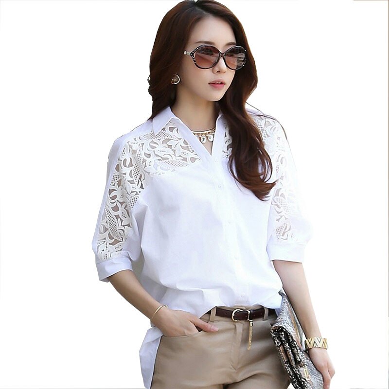 Fashion Woman Blouses 2022 New Summer Ladies Tops Shirts Blusas Mujer Femininas White Lace Bat Sleeve Hollow Out Clothing 0033 - kmtell.com