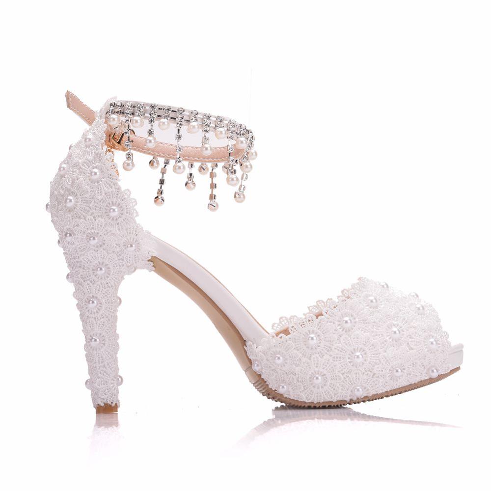 Crystal Queen Fashion Women Lace Platform Sandals High Heels Waterproof Female White Wedding Shoes Pointed Toe Peep - kmtell.com