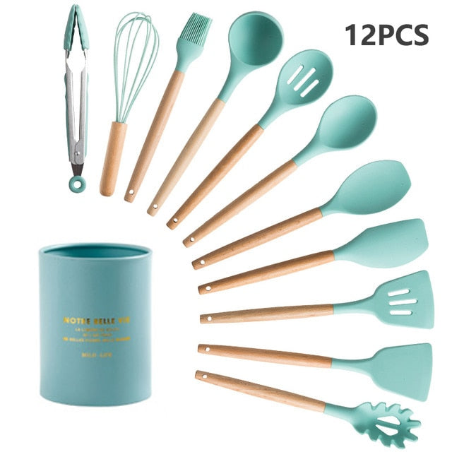 10/11/12/Set Silicone Kitchen Utensil Cooking Non-stick Spatula Shovel Tong Soup Ladle Wooden Handle Stainless Steel Storage Box - kmtell.com