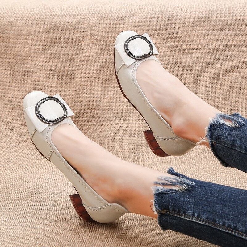 GKTINOO 2022 Genuine Leather Square Toe Pumps Women Shoes Low Heel Shallow Round Buckle Slip-On Leather Casual Shoes For Women - kmtell.com