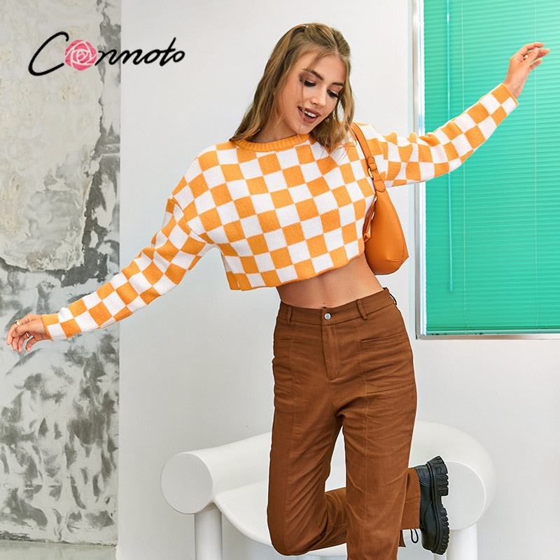 Conmoto Y2K Orange Checkerboard cropped top sweaters Winter girl sweet chic female autumn pullover jumper O neck sweater 2021new - KMTELL