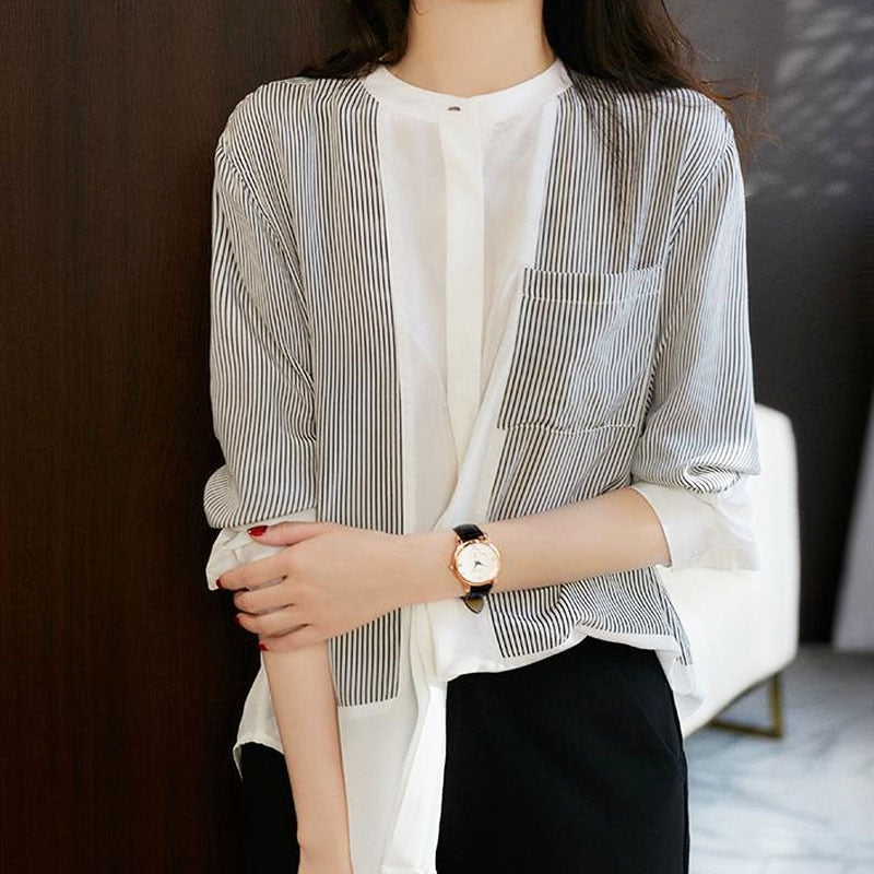 2022 Blusas Female Tops Loose Chiffon Shirt for Women&#39;s Fashion Striped V Collar Long-sleeved Dropshipping Casual Office 0958 - kmtell.com