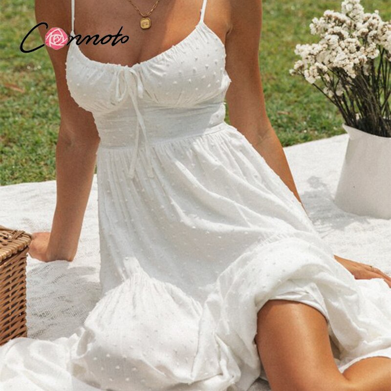 Conmoto Cotton White V-neck suspender summer dress for women casual Solid ruffled A-line dresses Elegant lace-up slip dress - kmtell.com