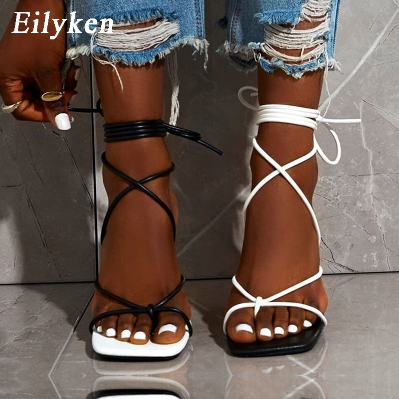 Eilyken New Fashion Sexy Lace Up Women Sandals Square Toe Thin Heel Cross Tied Party Shoes High Heel 9CM Black White Size 35-42 - kmtell.com