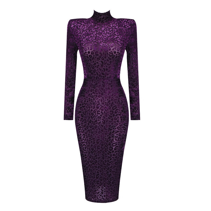 VC 2021 New Arrival Purple Suede Leopard High Neck Long Sleeve Medium Length Dress All Free Shipping - kmtell.com