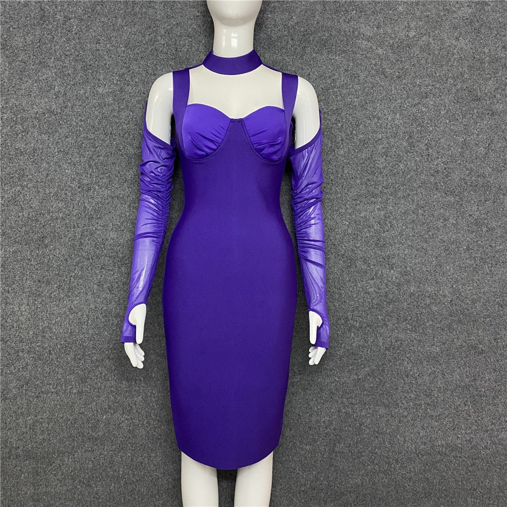 Women Winter Sexy Long Sleeve Mesh Purple Bodycon Bandage Dress 2022 Elegant Evening Party Dress - kmtell.com